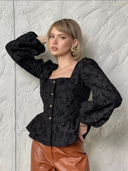 Women’s Textured Square-Neck Peplum Blouse 🌻