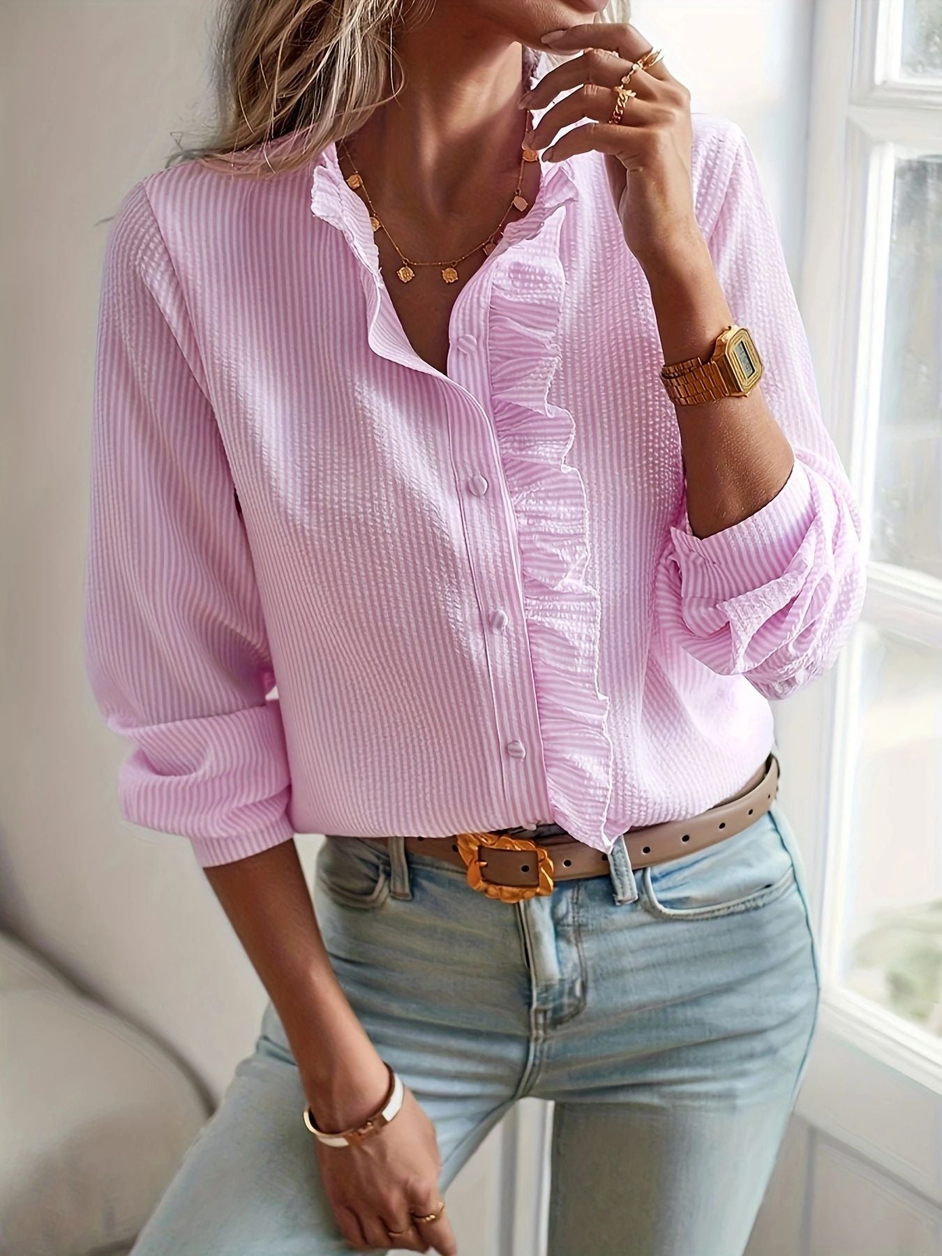 ✨ Women's Ruffle-Trim Stand-Collar Long-Sleeve Blouse