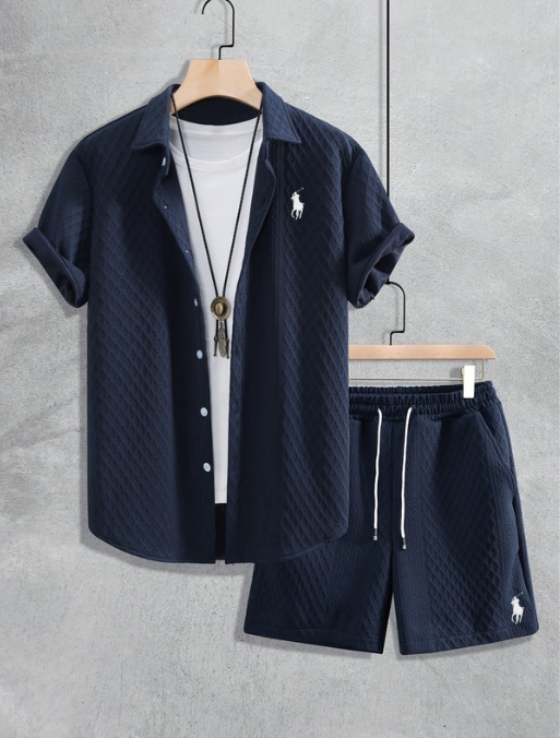 Men’s Textured Short-Sleeve Shirt & Shorts Set
